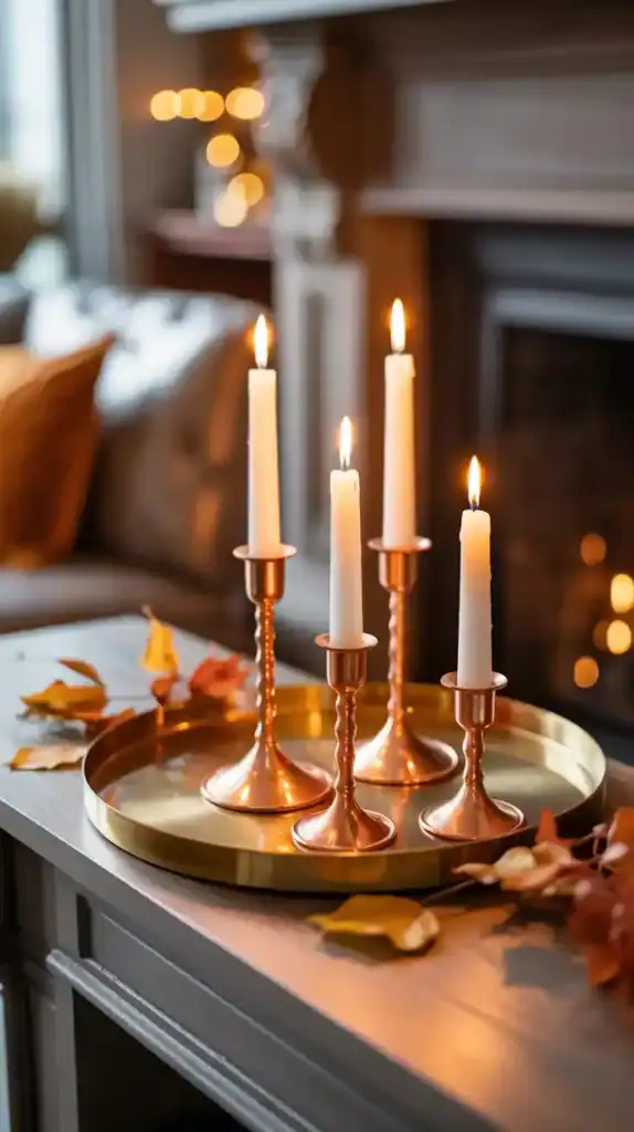 Fall mantel with copper candleholders and gold accents for a warm glow