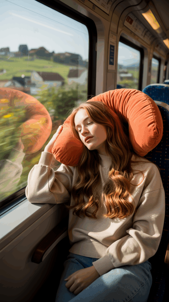 A person resting their head on a large orange travel pillow while seated on a train.