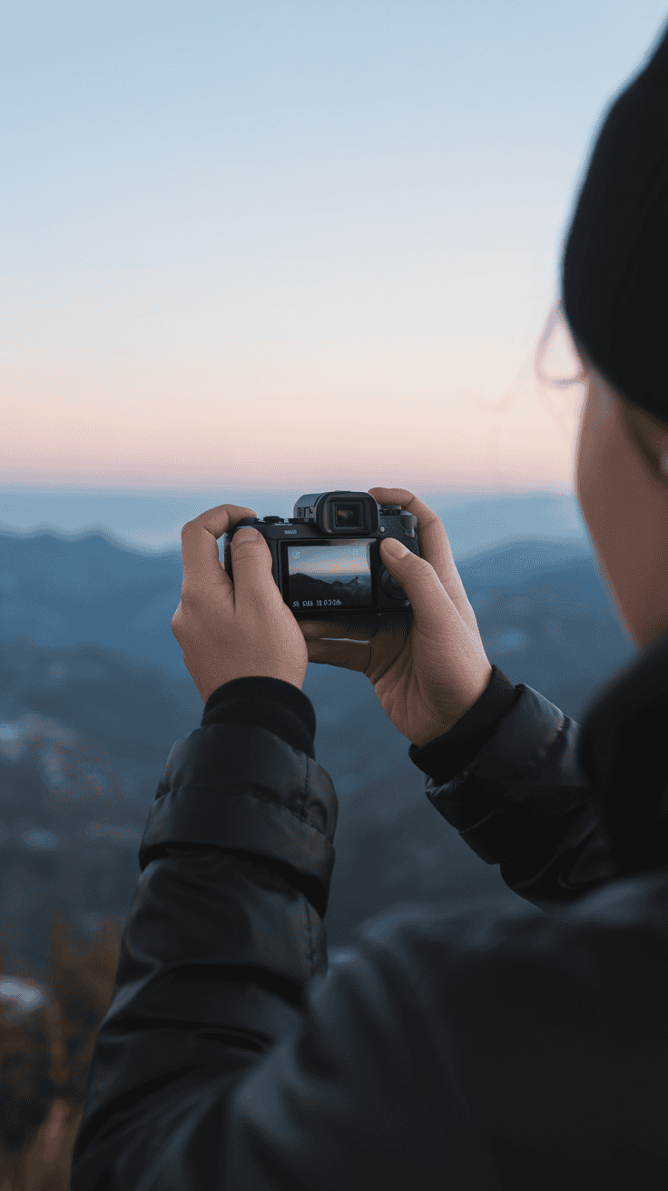 A person holding a compact camera while capturing a scenic view.