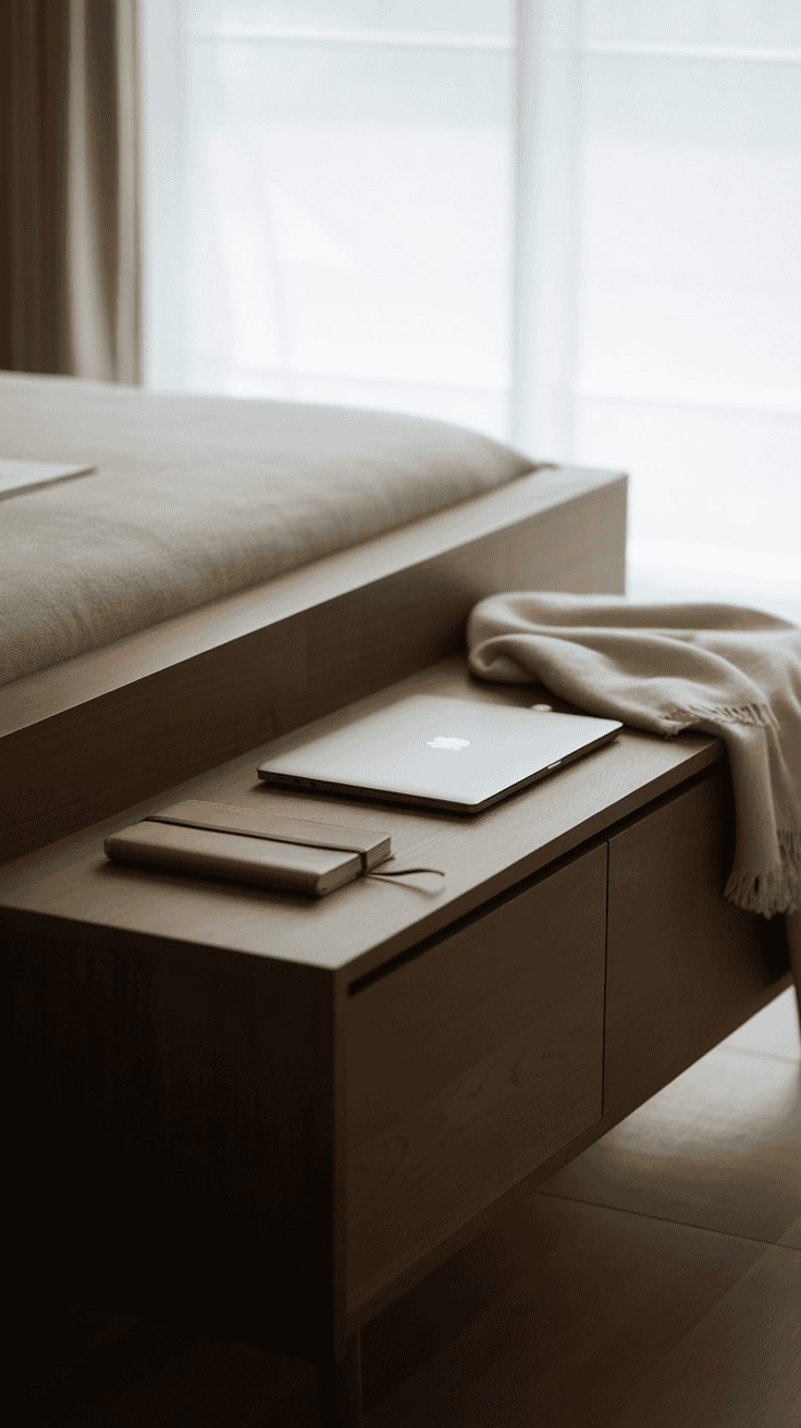 Minimalist workspace with a laptop and notebook on a storage bench at the foot of a bed