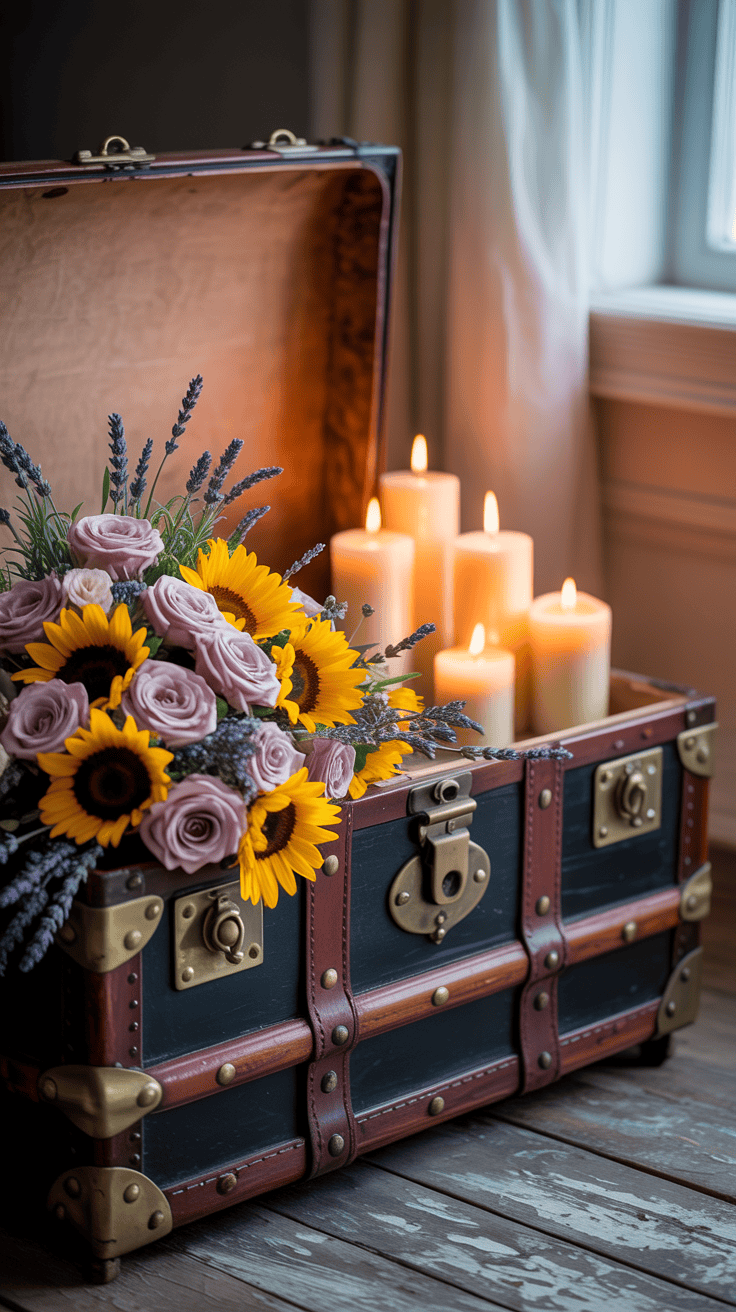 A beautifully styled trunk with flowers, candles, and decorative objects