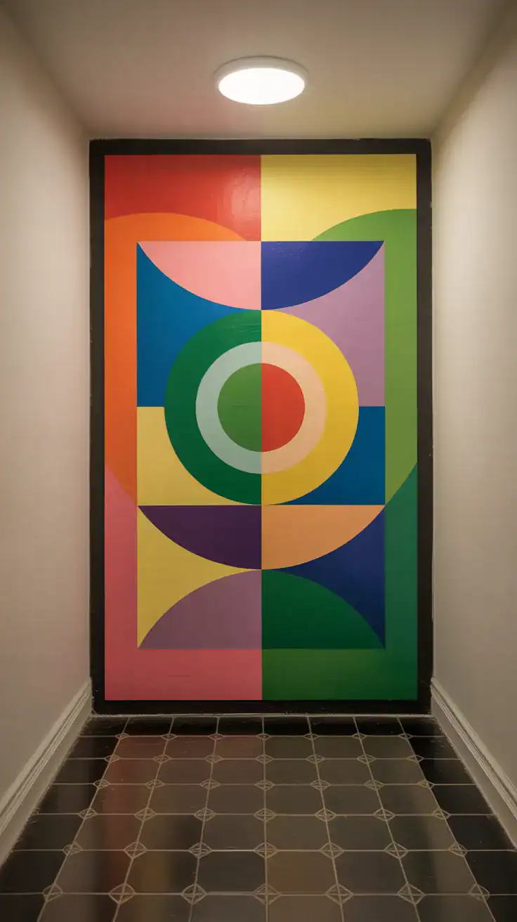 A colorful abstract artwork in a hallway, featuring vibrant circles and shapes.