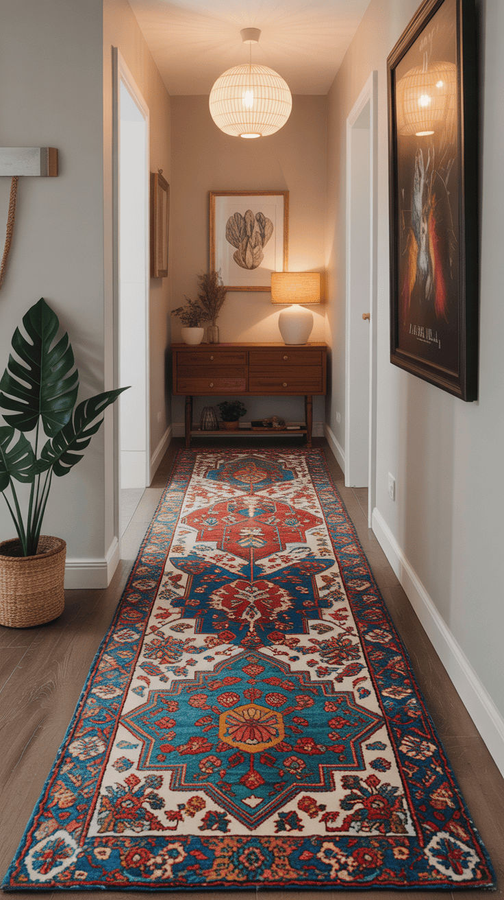 A hallway featuring a colorful runner rug with intricate patterns