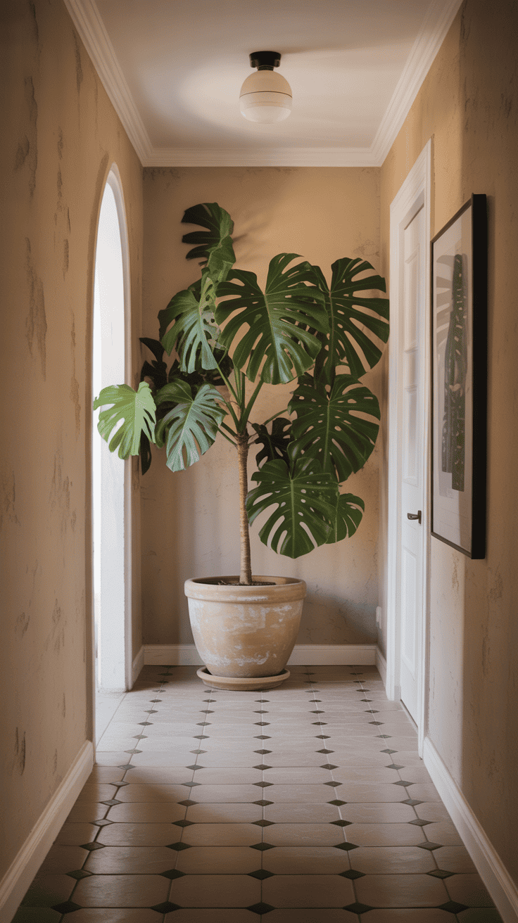 A hallway featuring a large potted plant, enhancing the space with a touch of greenery