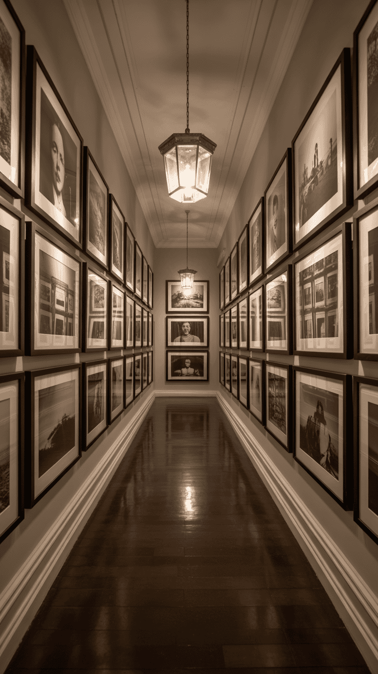 A hallway featuring a unique wall art gallery with black-and-white framed photos.