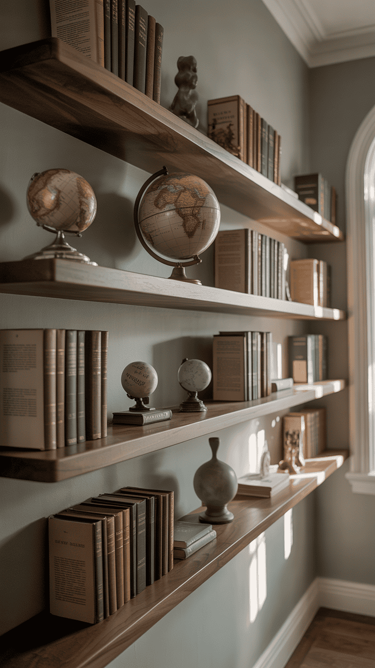 Creative wall shelving in a hallway with books and decorative items
