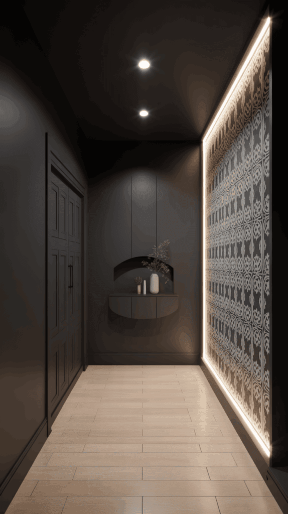 Dark hallway with a patterned accent wall and light flooring