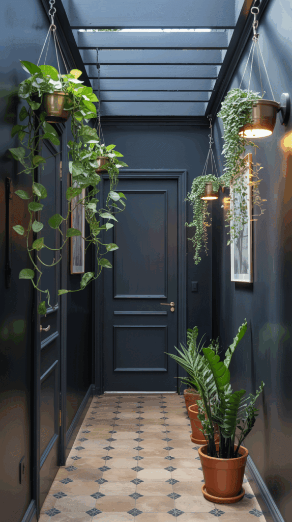 A dark hallway decorated with hanging and potted plants.