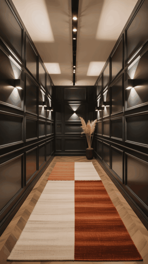 Dark hallway with layered rugs and textured walls.