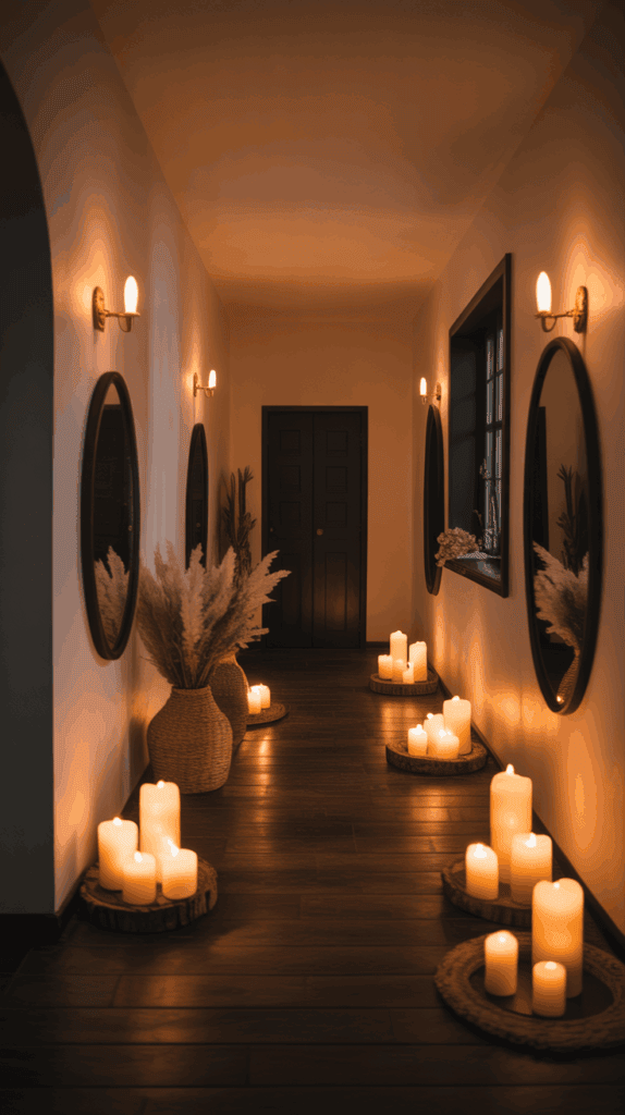 A dark hallway decorated with candles, soft lighting, and mirrors.