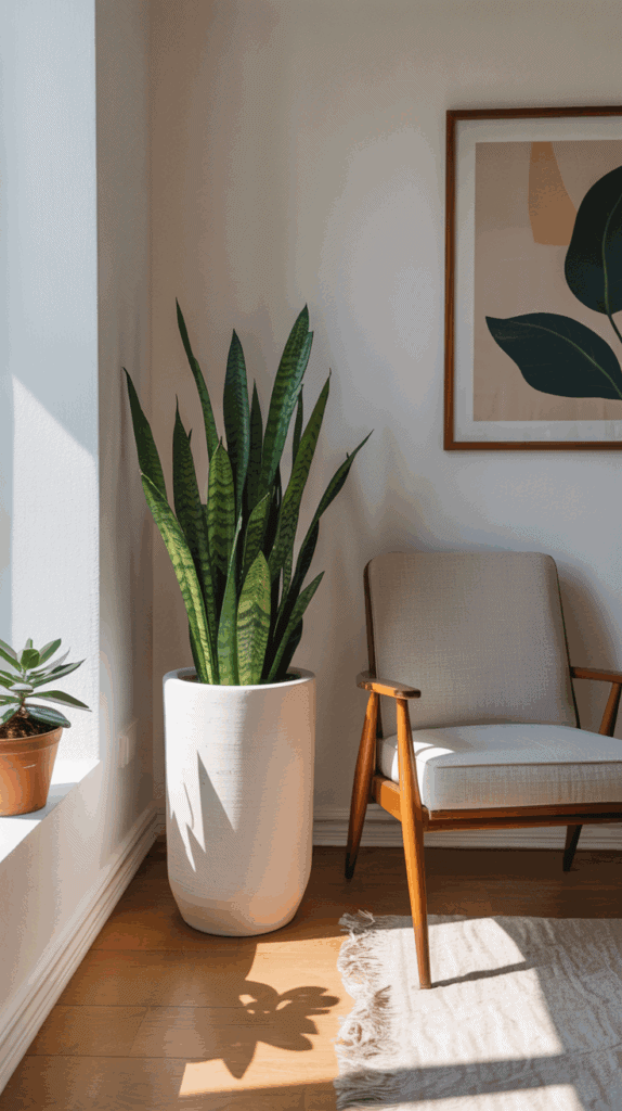 Snake plant in a tall white planter beside a chair in a bright, minimalist living room.