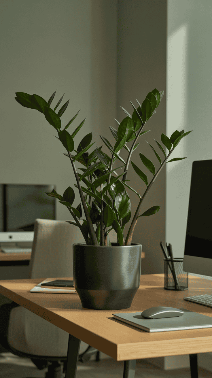 ZZ plant in a black planter on an office desk with soft lighting and modern décor