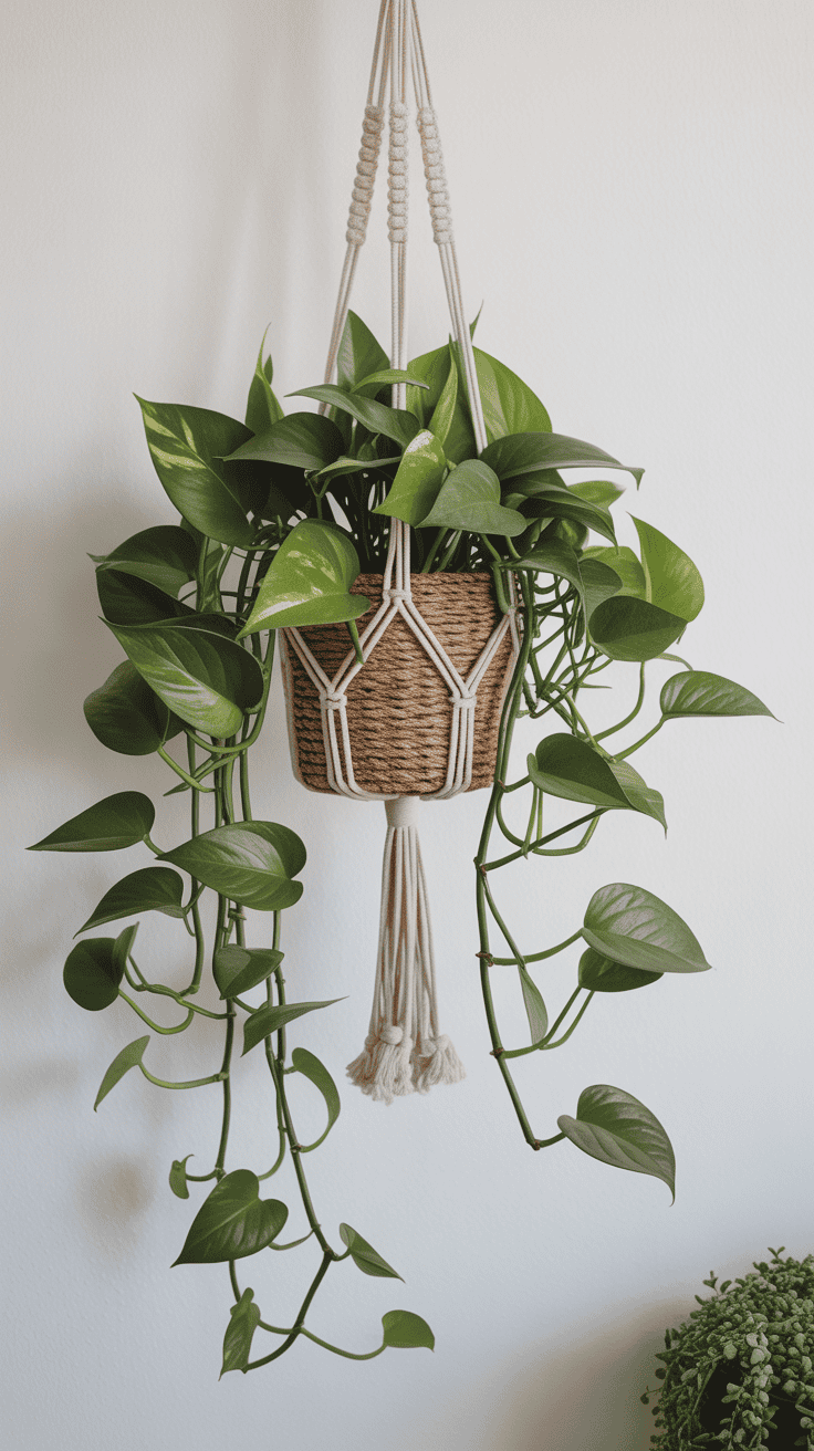 Hanging pothos plant in macramé pot with long trailing vines against a white wall