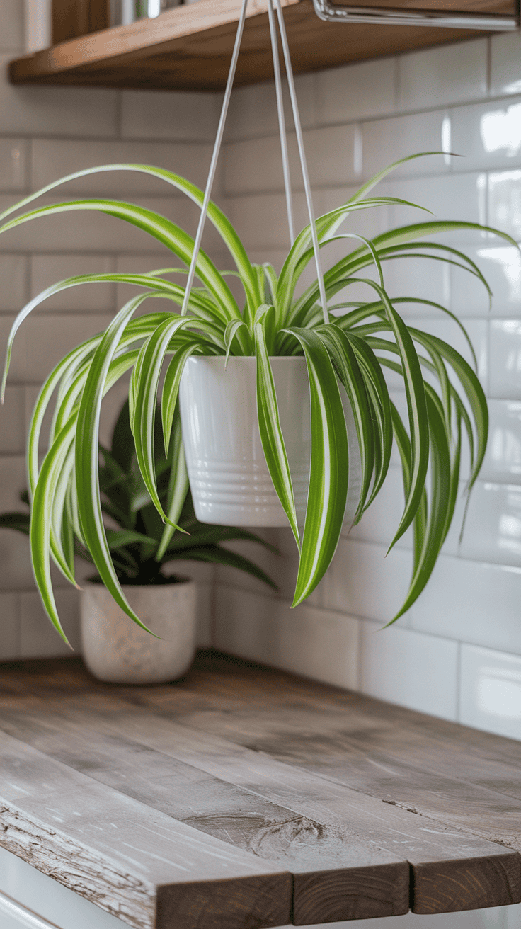 Spider plant with baby shoots hanging in a white ceramic pot over a wood surface