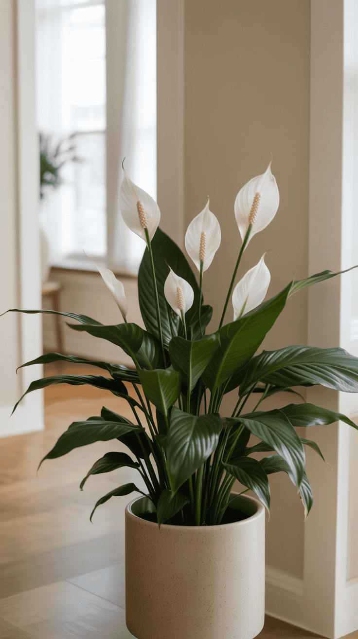 Peace lily with white blooms in a beige pot near a softly lit entryway