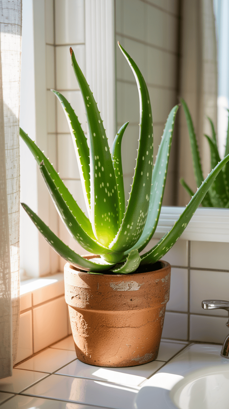 Aloe vera plant in a terracotta pot on a sunny bathroom window ledge