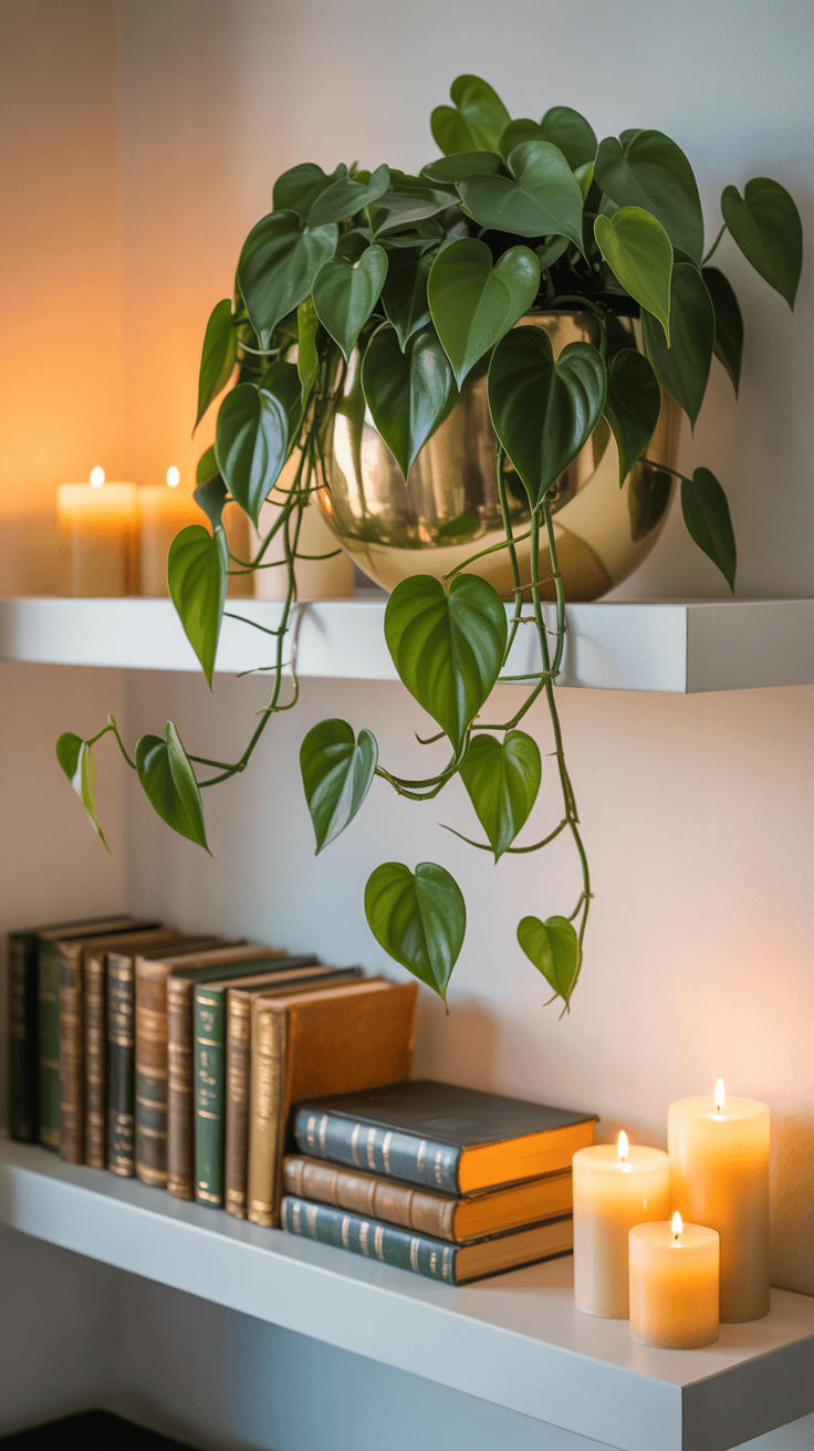 Heart-leaf philodendron in a gold pot trailing down a floating shelf with décor items