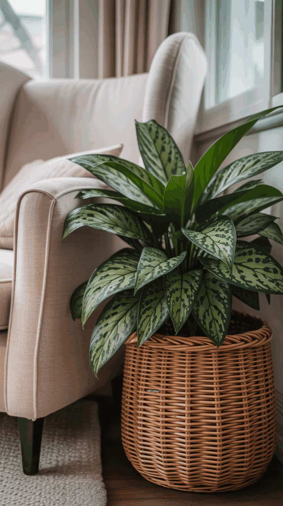 Chinese evergreen in a woven basket placed beside a cozy armchair