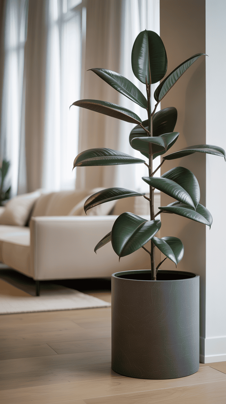 Rubber plant with shiny dark leaves in a tall planter in a contemporary living space