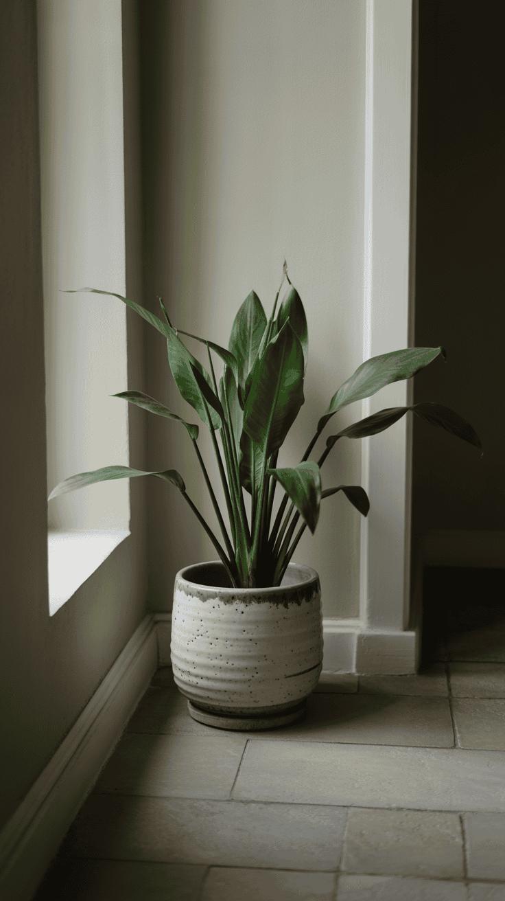 Aspidistra plant in a ceramic pot in a low-light hallway corner