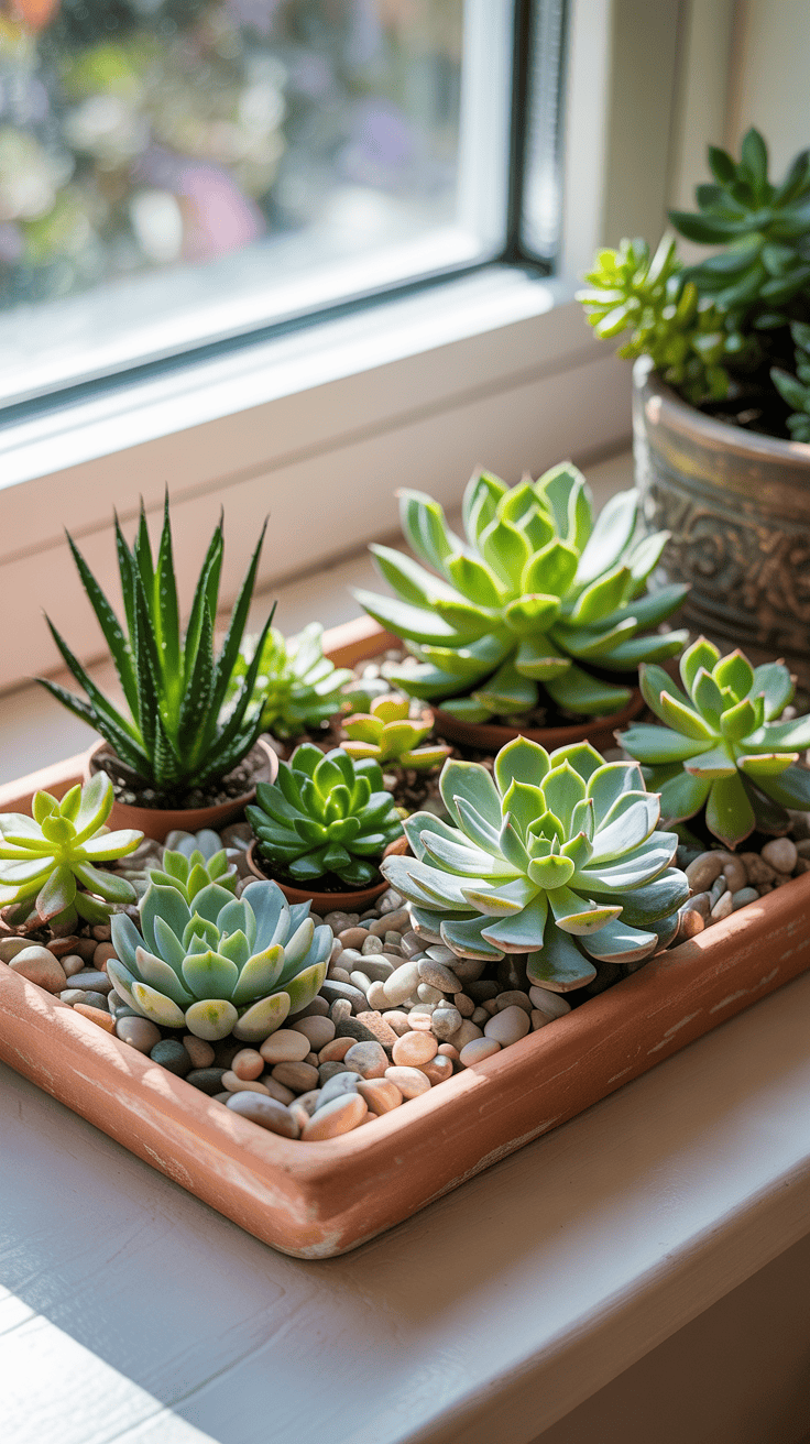 Succulent mix in a shallow terracotta bowl with decorative pebbles on a window ledge