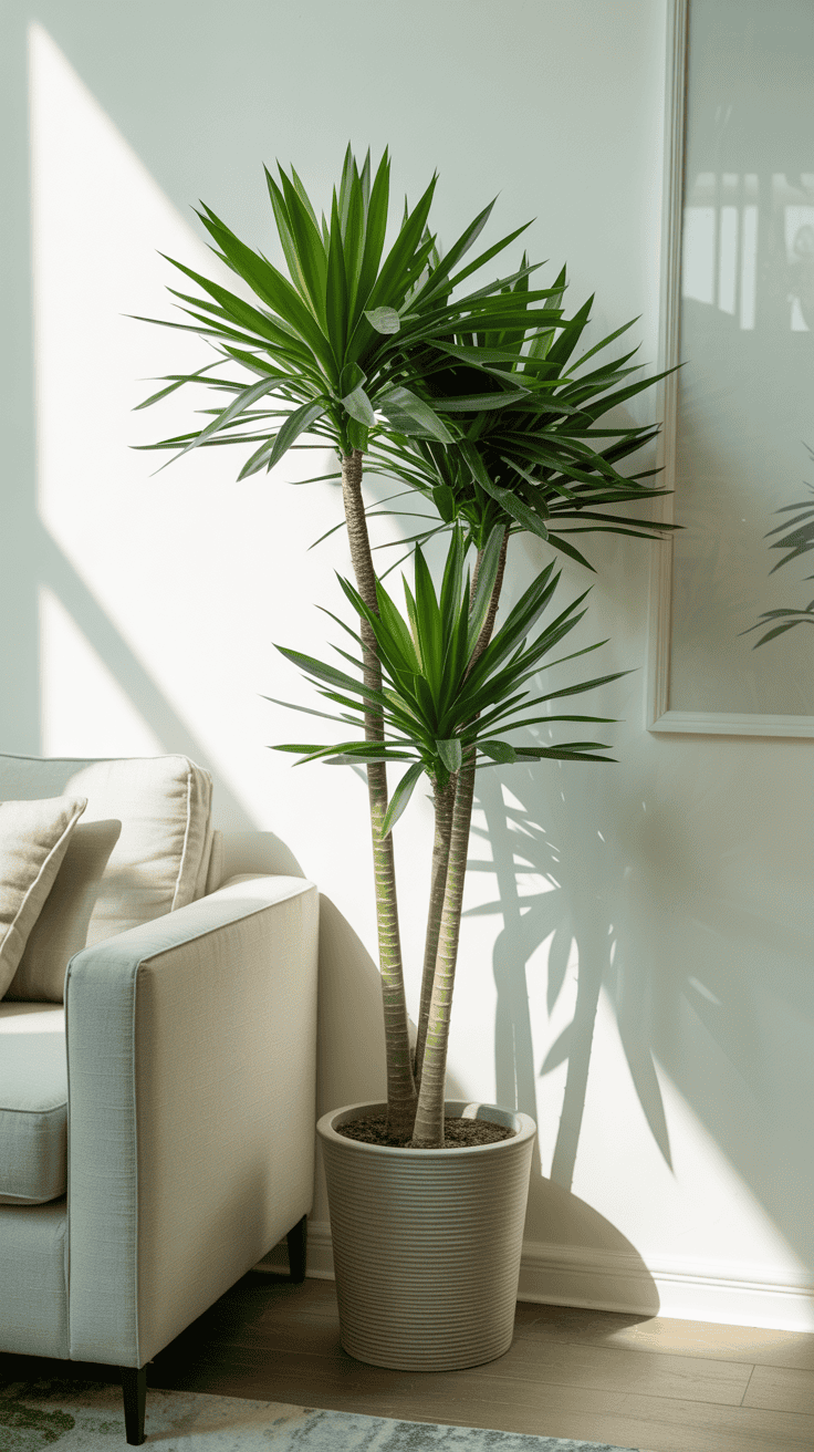 Dracaena marginata in a tall narrow pot beside a couch in a softly lit living room