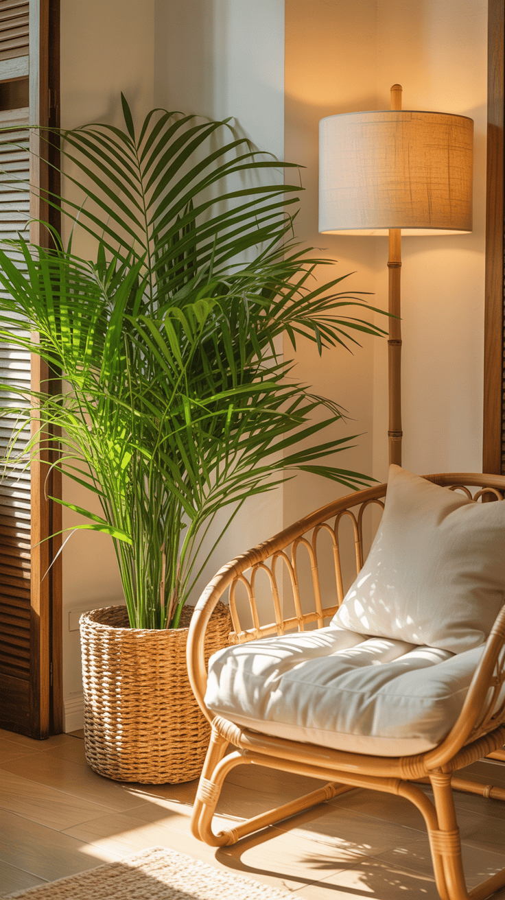 Parlor palm in a woven basket next to a rattan chair in a cozy reading corner
