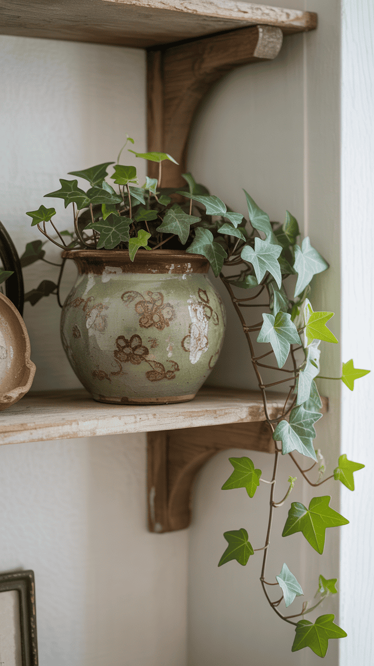 English ivy cascading from a vintage ceramic pot on a rustic wooden shelf