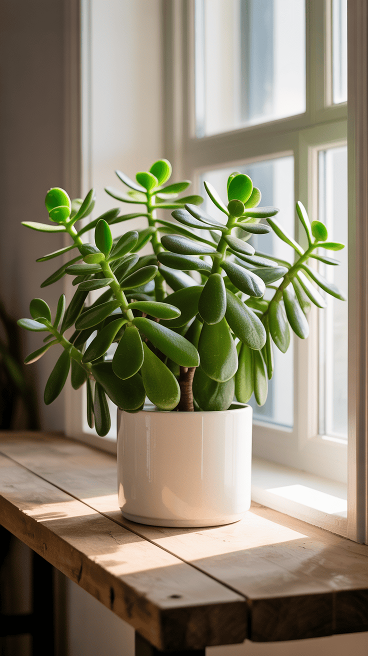 Jade plant in a white ceramic pot on an entryway table near a sunny window