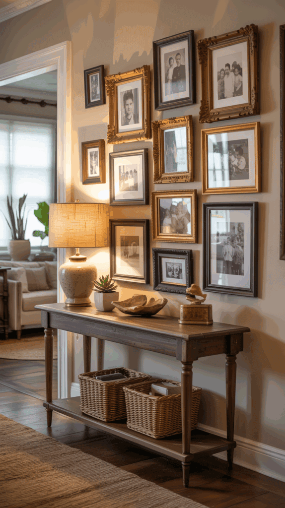 A cozy entryway featuring a gallery wall of family photos in various frames, with a stylish console table and decorative elements