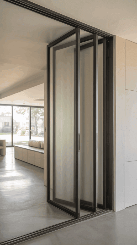 A modern sliding door in an entryway, showcasing a bright and open space