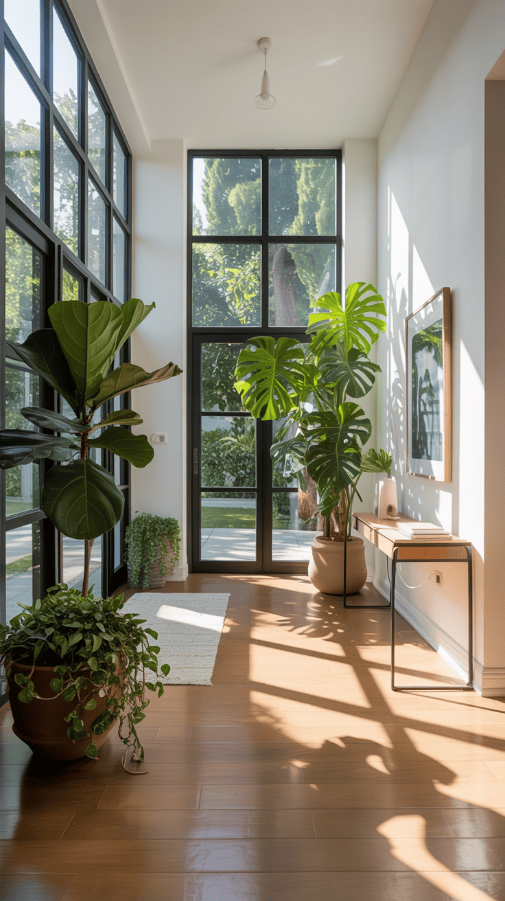 Bright entryway with large windows and plants