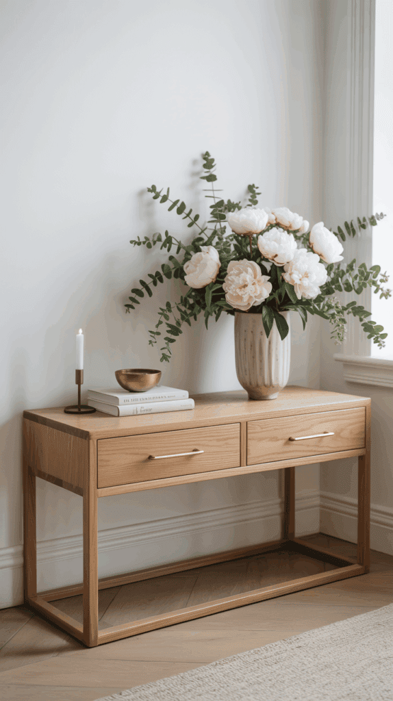 A minimalist entryway table with two drawers, a vase with flowers, and decorative items