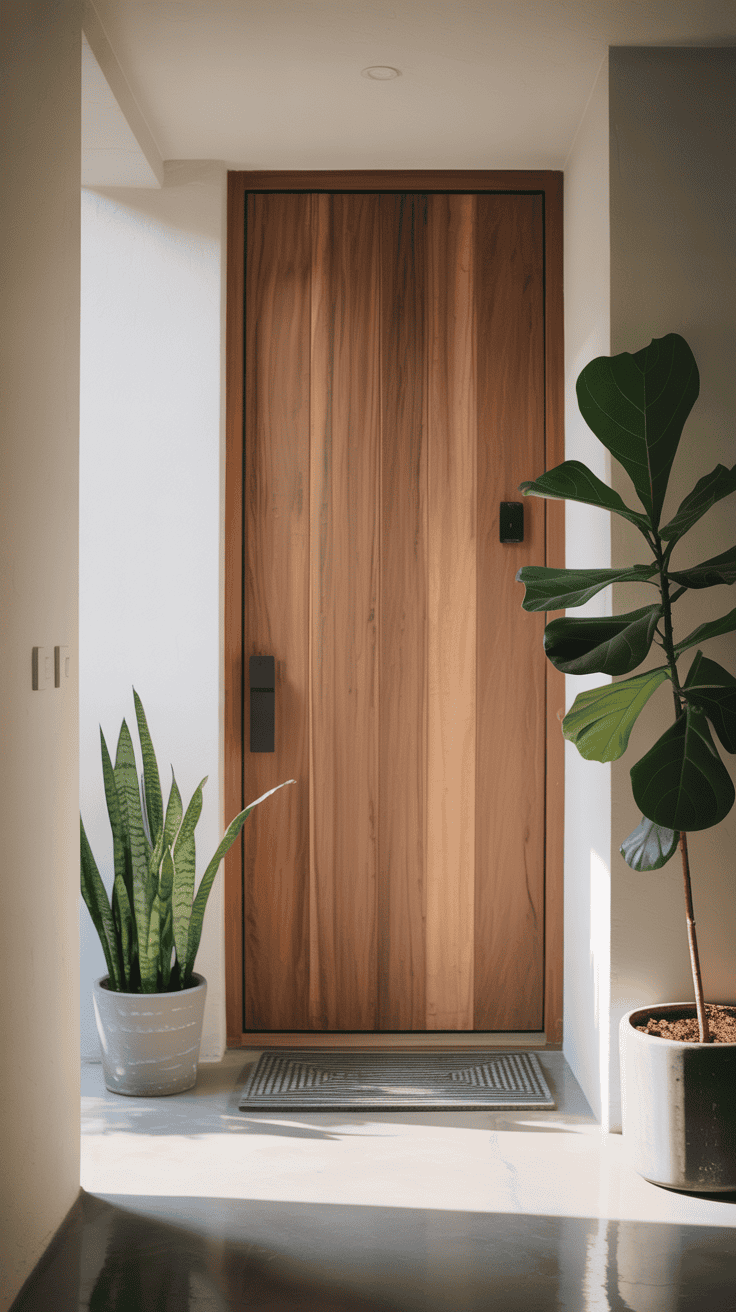 Minimalist entryway with wooden door and potted plants