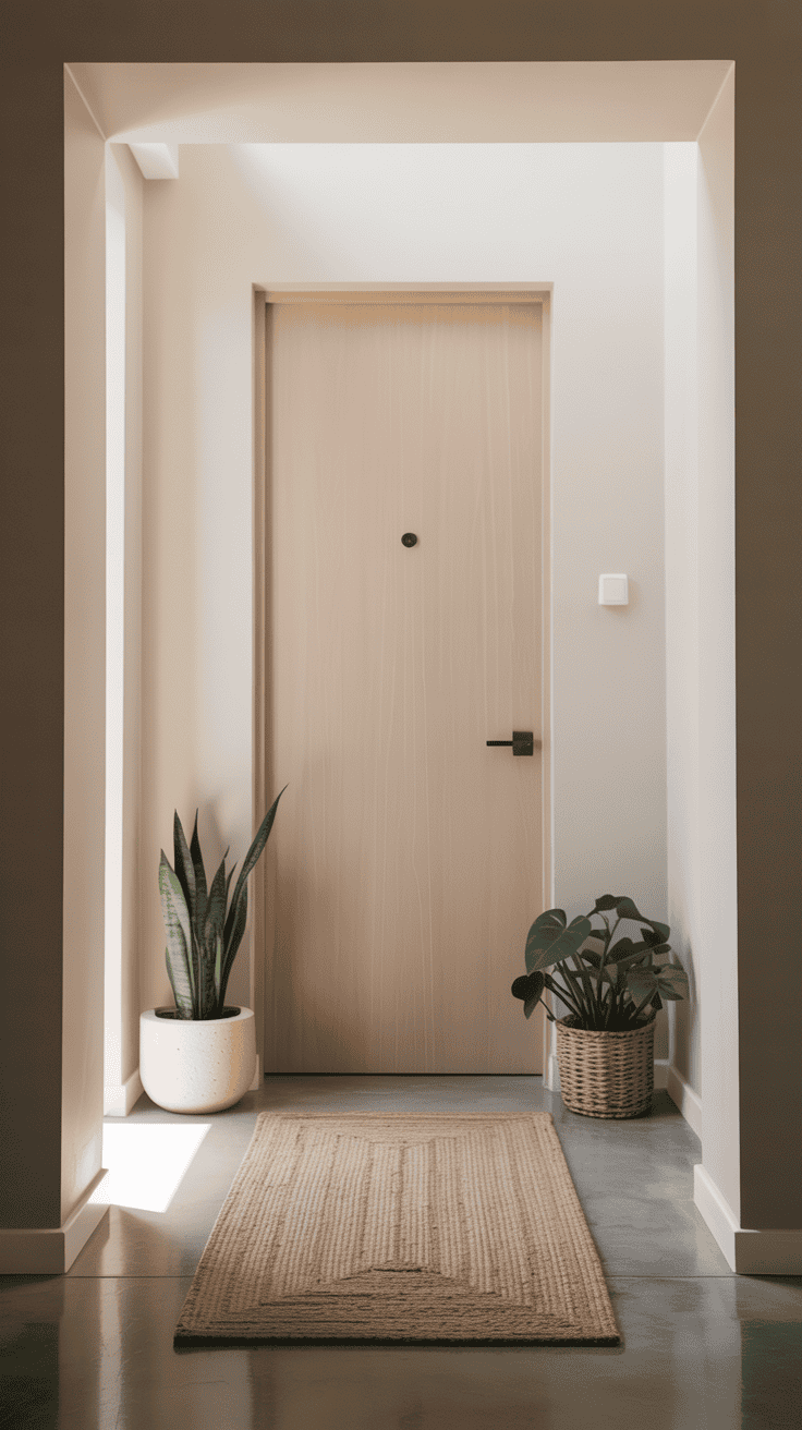 Minimalist entryway with neutral colors, featuring a door, plants, and a welcome mat.