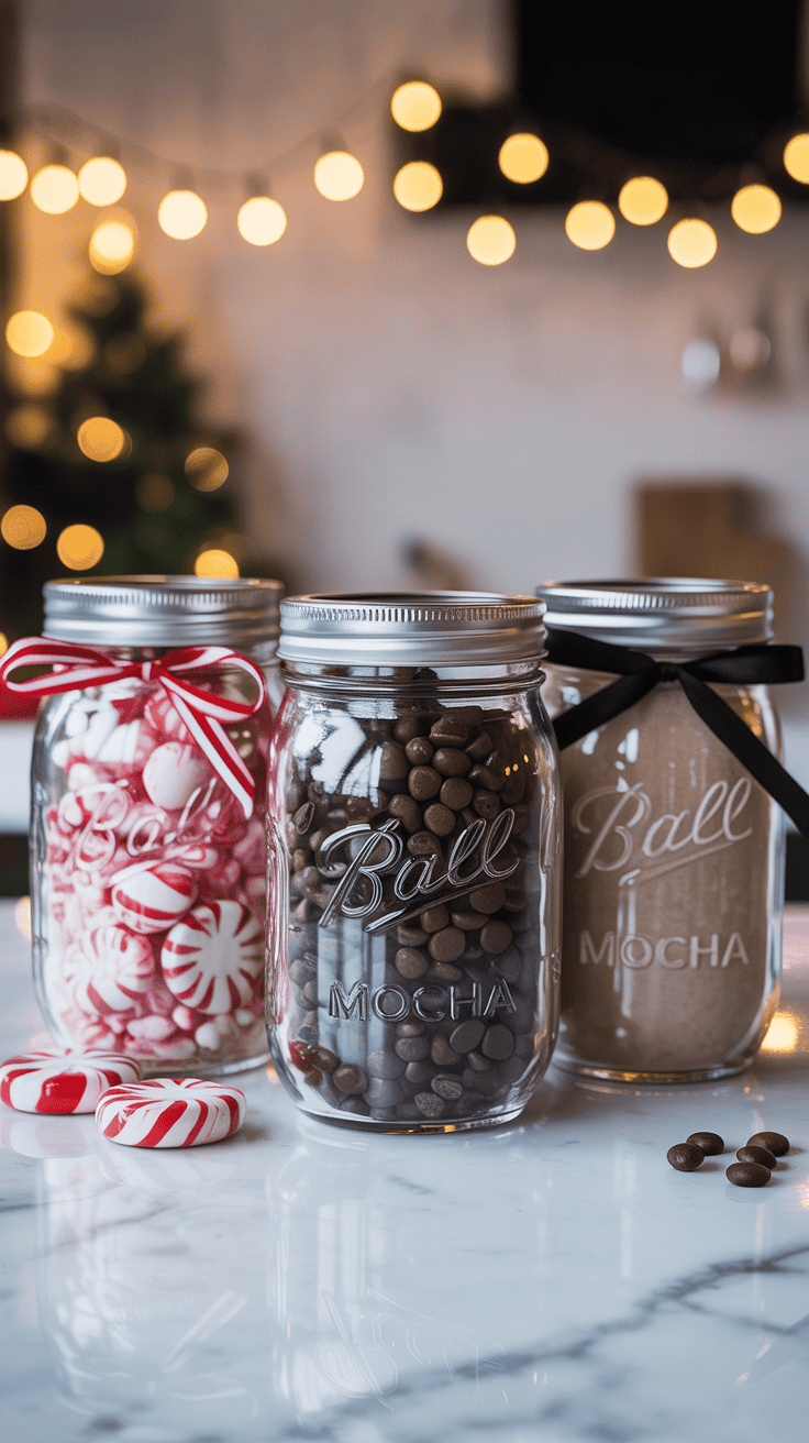 Three customized mason jar hot cocoa gifts in different styles — peppermint, mocha, and minimalist versions for personalized holiday gifting