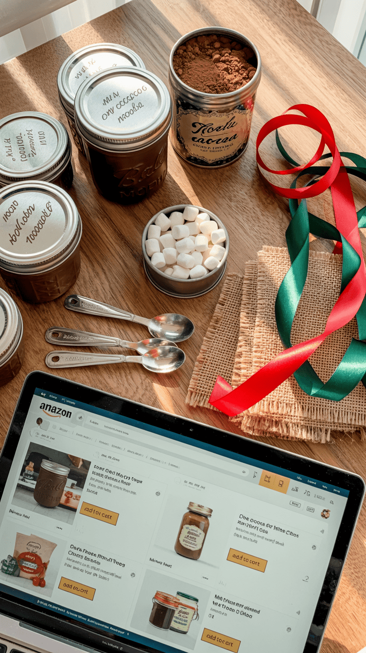 DIY hot cocoa mix supplies including mason jars, cocoa powder, marshmallows, and ribbons laid out for homemade gift assembly