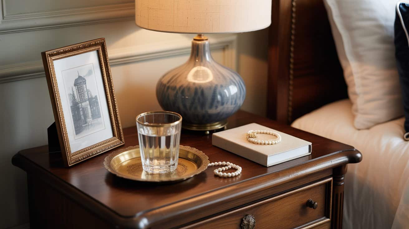 Dark wood nightstand with vintage art, monogrammed tray, and classic lamp styled in old money aesthetic