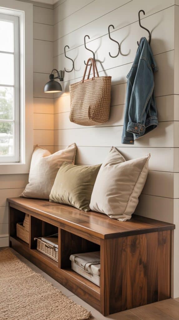 A stylish entryway featuring a wooden bench with storage, decorative pillows, and a wall hook