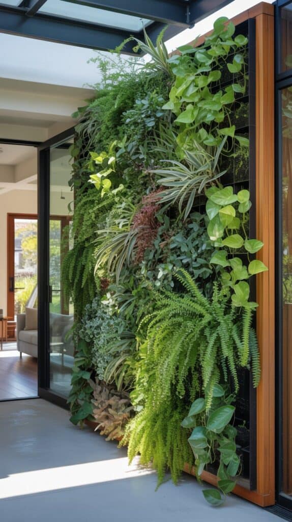 A vertical garden featuring various green plants in an entryway