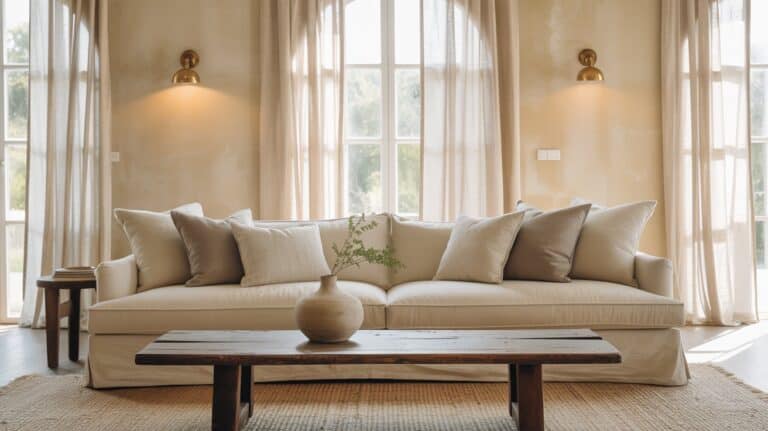Beige limewash walls in a chic minimalist living room with a cream sofa, wood table, and brass accents