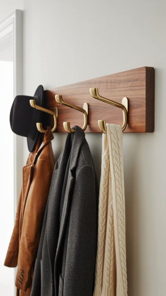 A stylish wall-mounted coat rack with hats and coats hanging