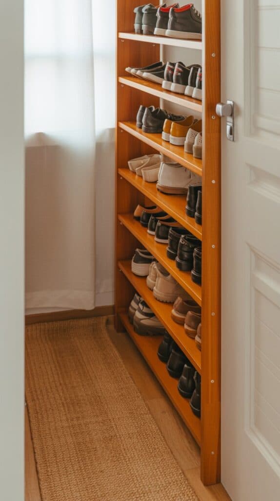 Compact shoe storage solution in a small entryway with a wooden shelf and a rug