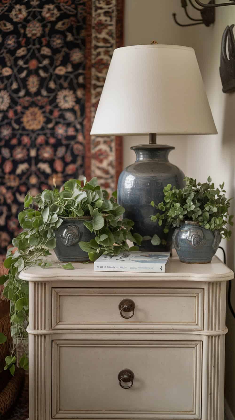 A nightstand with classic planters and lush greenery.