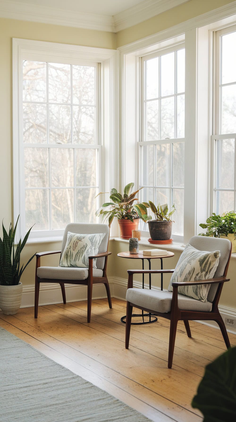 A sunroom with limewash walls, two chairs, a small table, and plants.