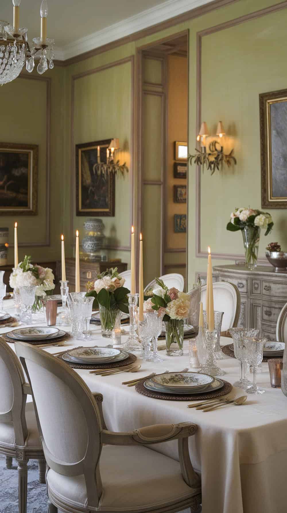 Elegant dining space with limewash walls, a beautifully set table, and decorative elements.