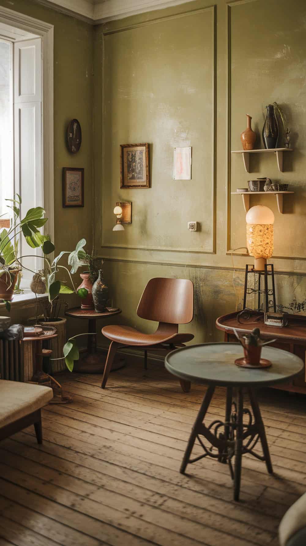 A cozy room with limewash walls, vintage furniture, and plants.