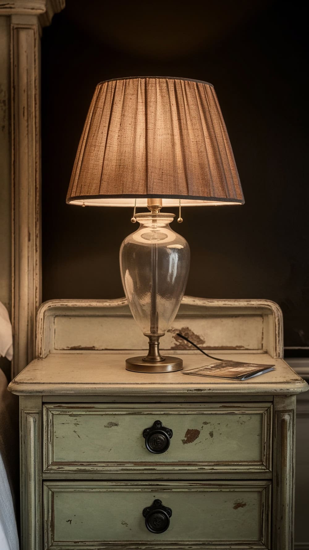 A table lamp with a soft shade on a nightstand.
