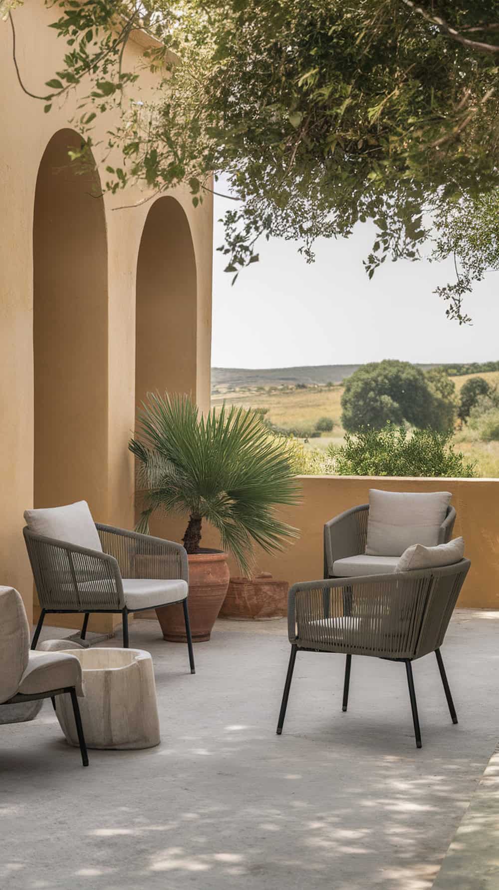 A stylish outdoor living space with limewash walls, comfortable seating, and greenery.