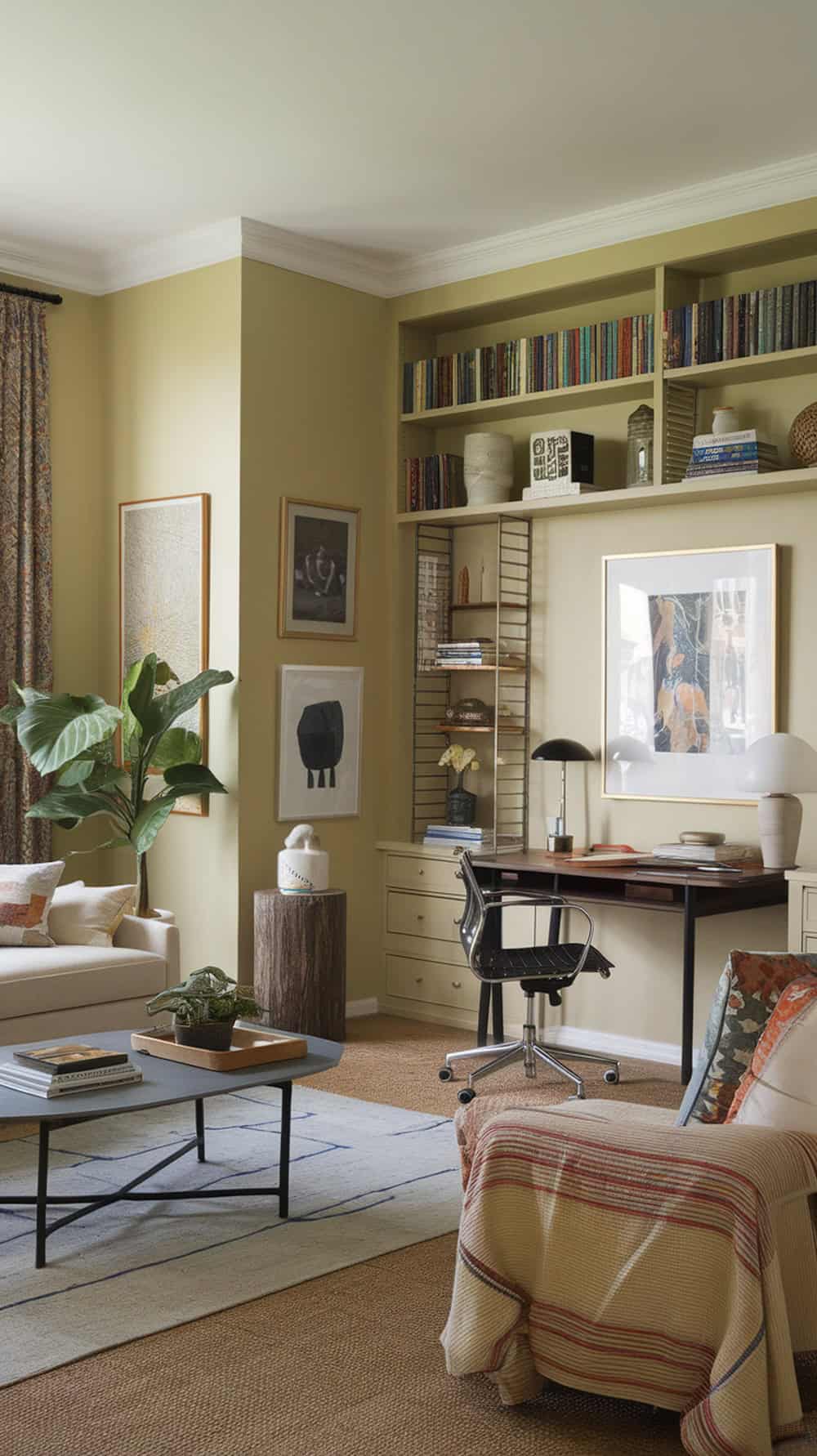 A cozy multi-functional room featuring limewash walls, a desk, and comfortable seating.